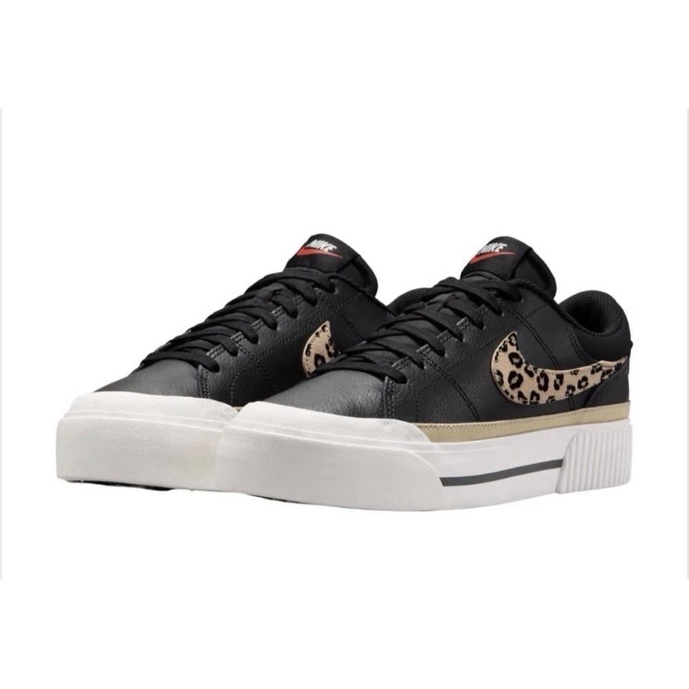 Nike Court Legacy Lift Lace Up Low Top Leather Sneakers Leopard Swoosh